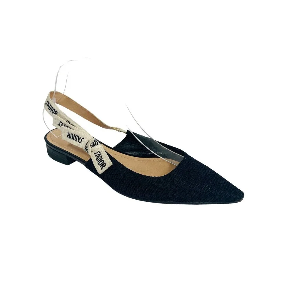CHRISTIAN DIOR $990 Black Technical Fabric J’adior Ribbon Slingback Flats 41.5 - Picture 2 of 9